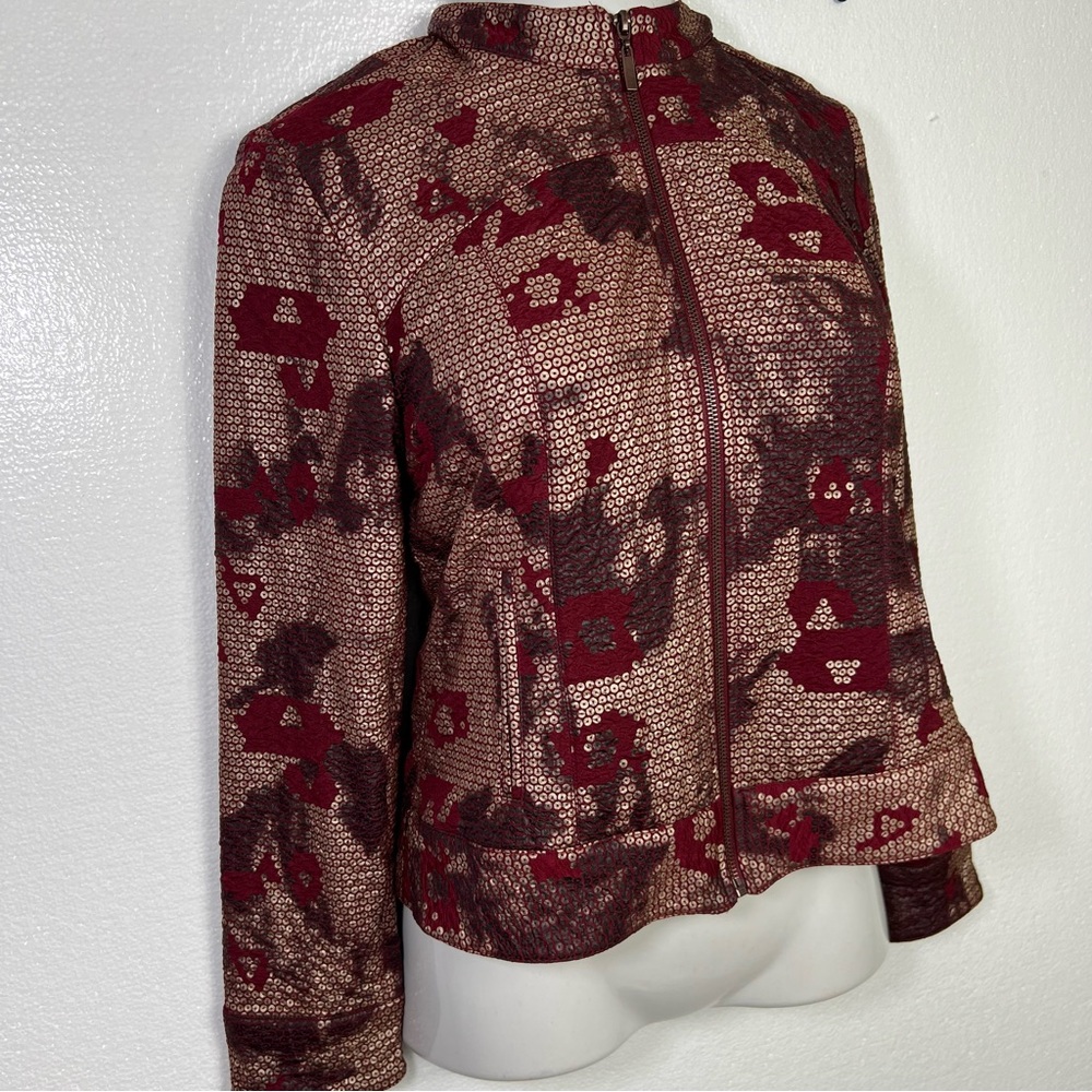 Ruby Rd abstract floral pattern burgundy zip jack… - image 2